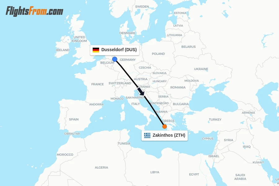 Flights from Dusseldorf to Zakinthos route map