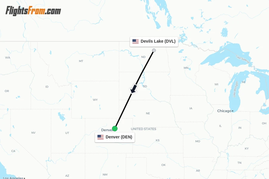 Flights from Devils Lake to Denver route map