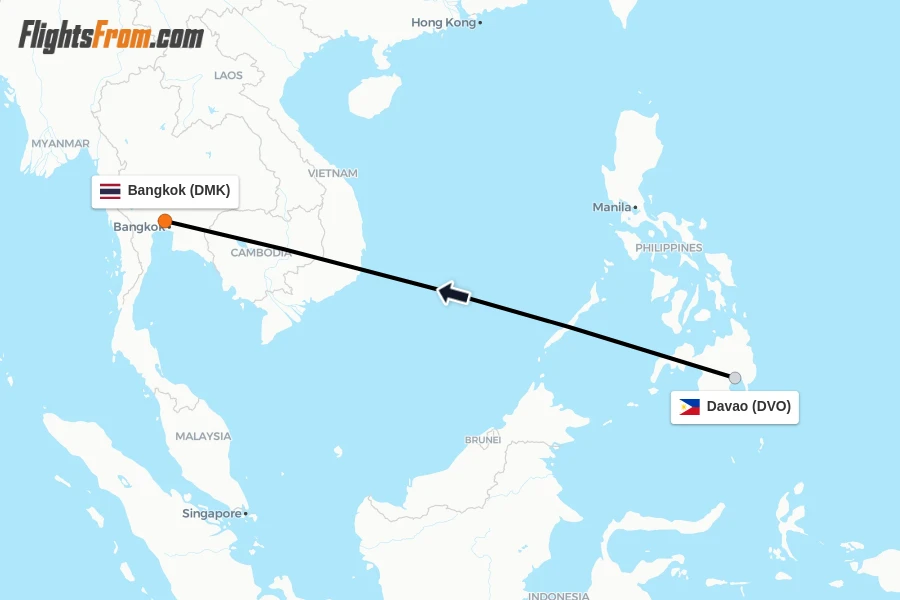 Flights from Davao to Bangkok route map