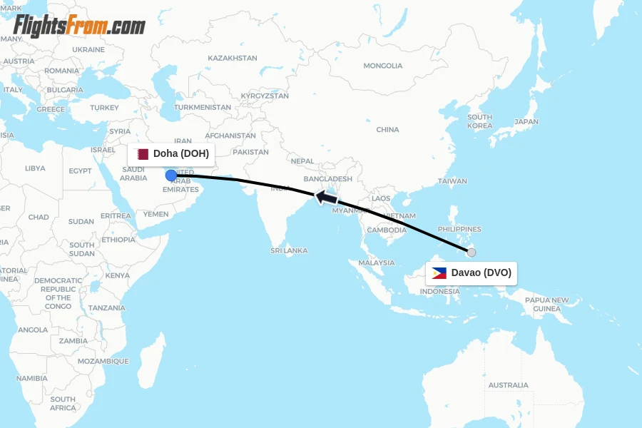 Flights from Davao to Doha route map
