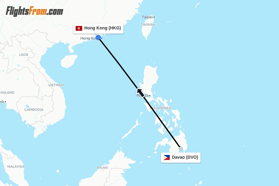 Flights from Davao to Hong Kong route map