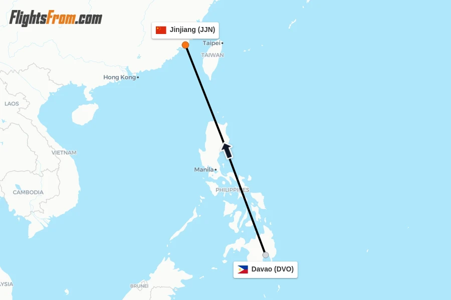 Flights from Davao to Jinjiang route map
