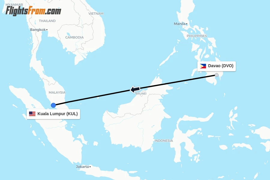 Flights from Davao to Kuala Lumpur route map