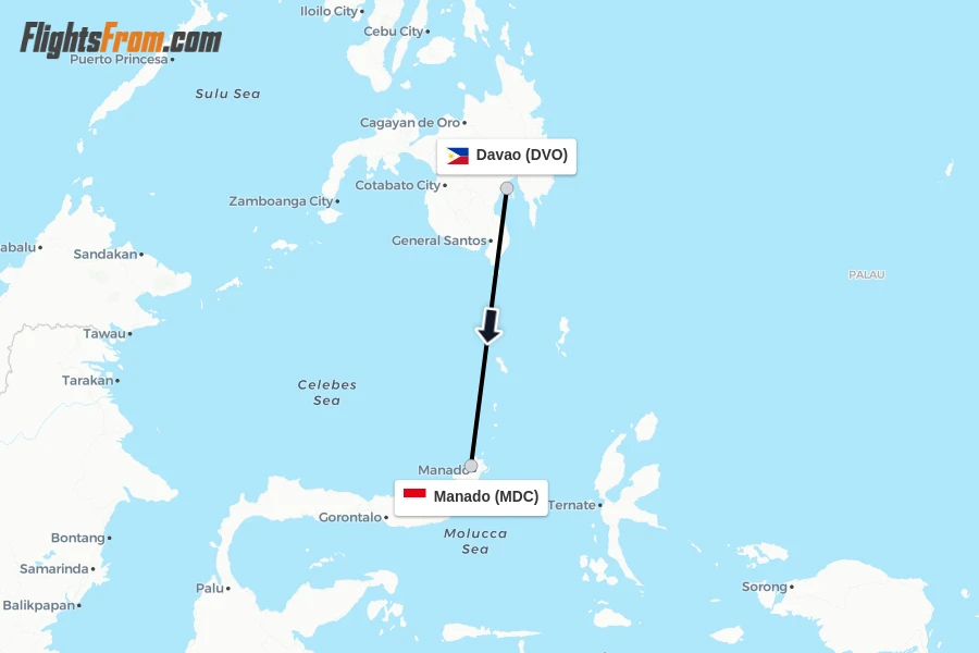 Flights from Davao to Manado route map