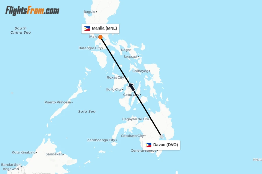Flights from Davao to Manila route map