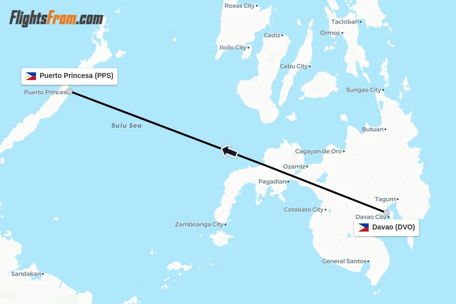 Flights from Davao to Puerto Princesa route map