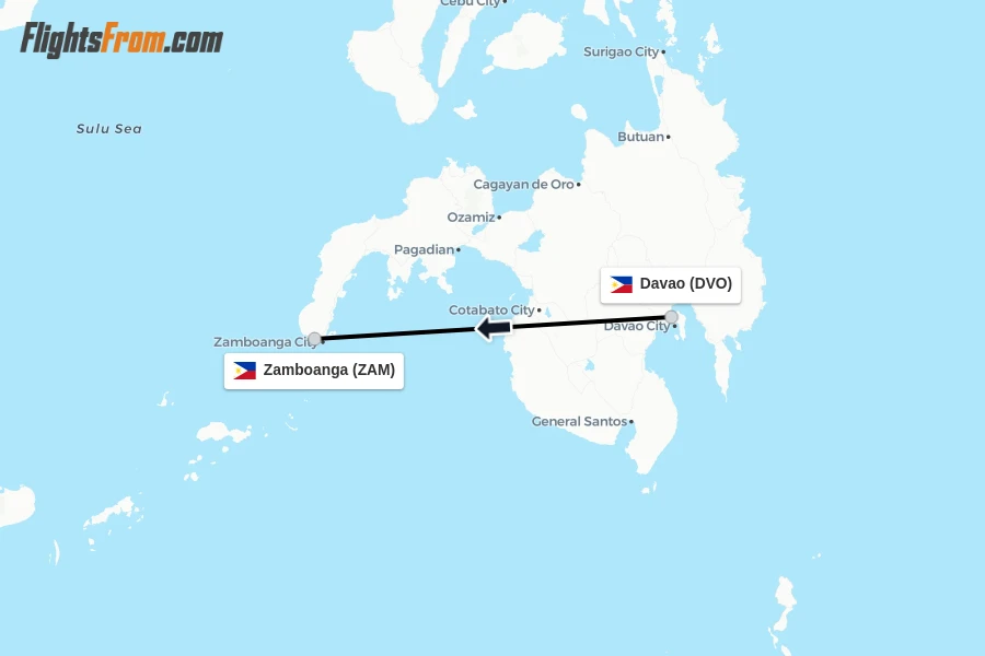 Flights from Davao to Zamboanga route map