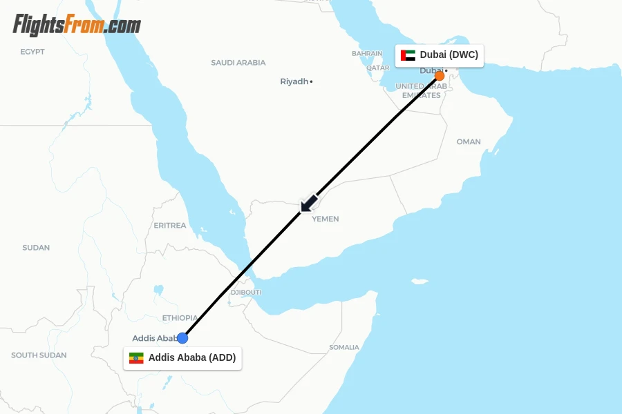 Flights from Dubai to Addis Ababa route map