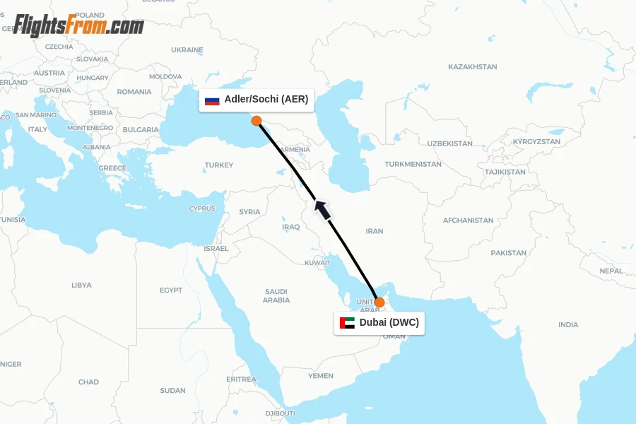 Flights from Dubai to Adler/Sochi route map