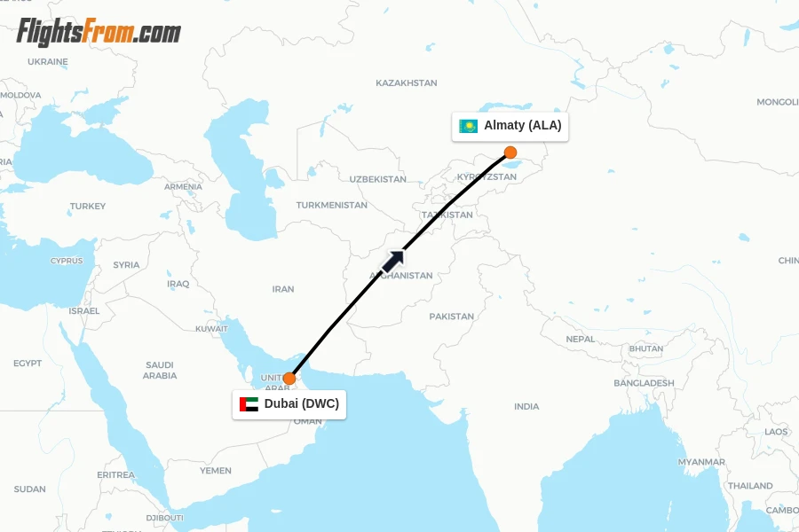 Flights from Dubai to Almaty route map