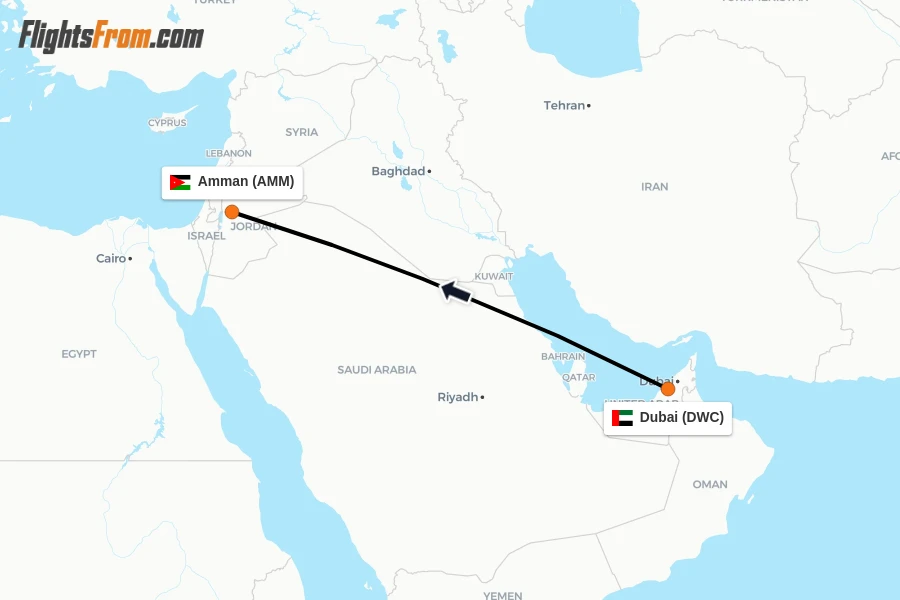 Flights from Dubai to Amman route map