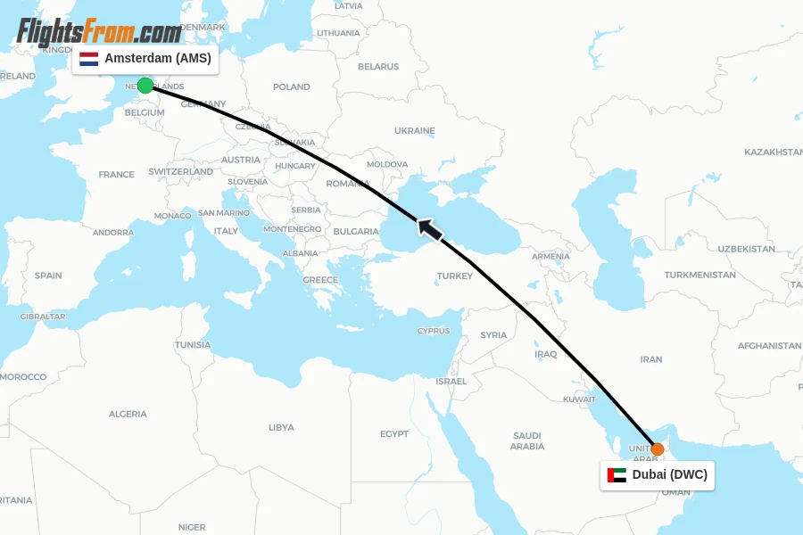 Flights from Dubai to Amsterdam route map