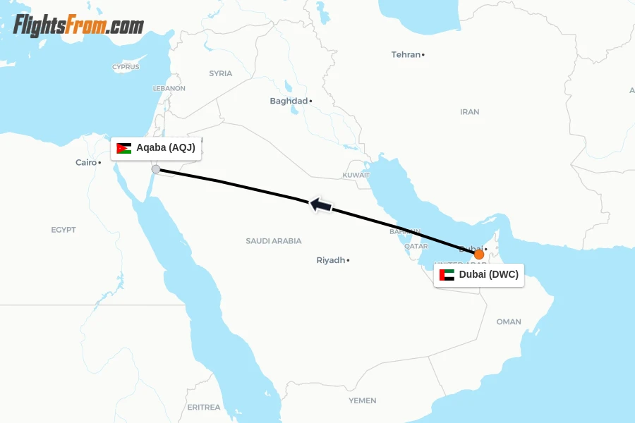 Flights from Dubai to Aqaba route map