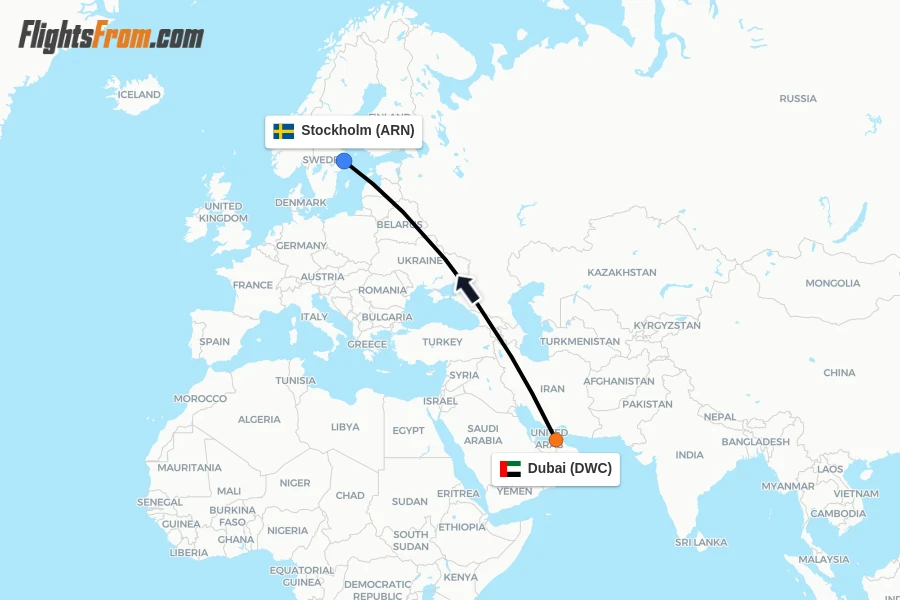 Flights from Dubai to Stockholm route map
