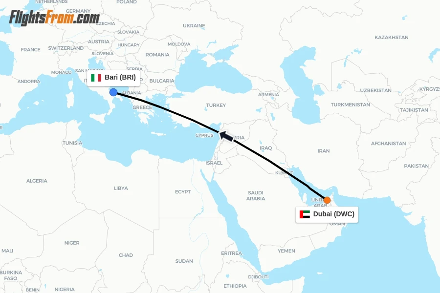 Flights from Dubai to Bari route map