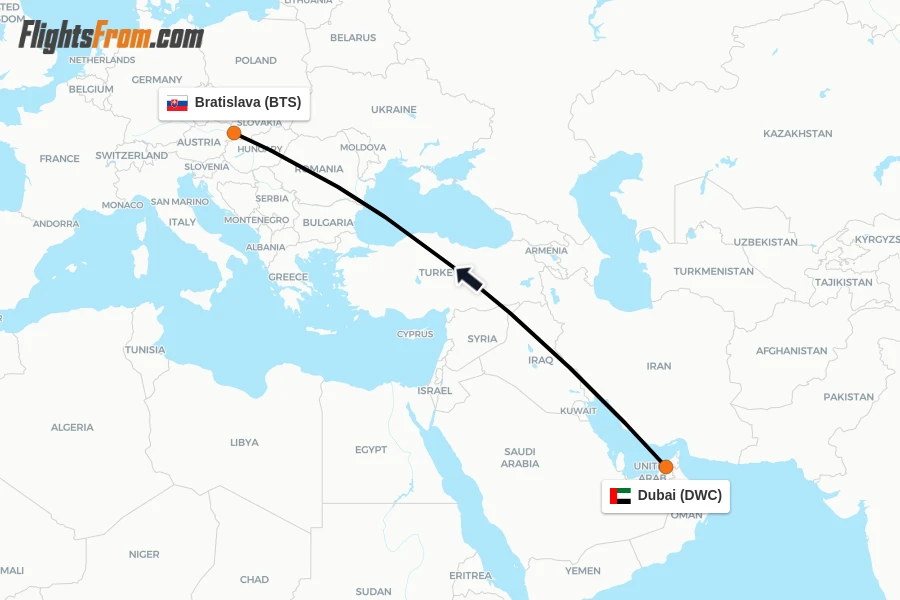 Flights from Dubai to Bratislava route map