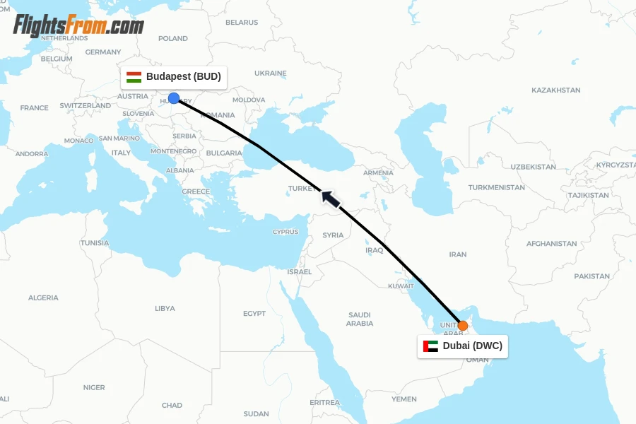 Flights from Dubai to Budapest route map