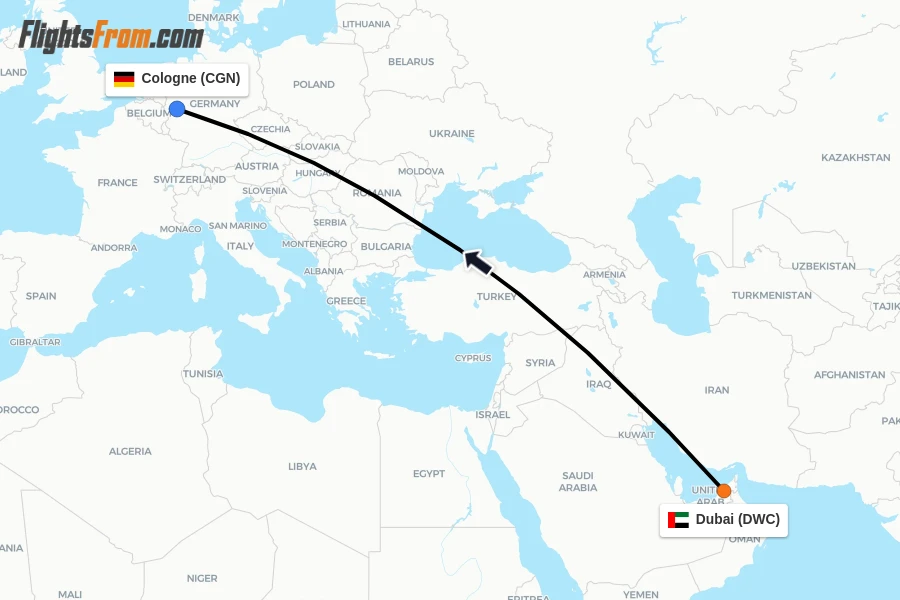 Flights from Dubai to Cologne route map