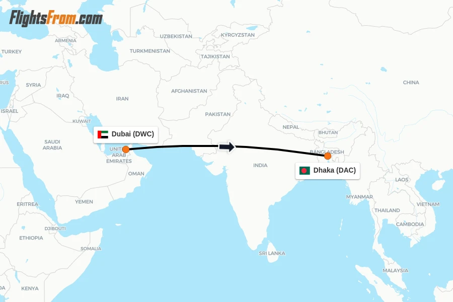 Flights from Dubai to Dhaka route map
