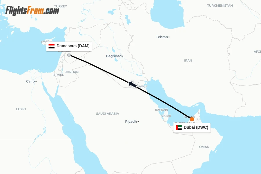 Flights from Dubai to Damascus route map