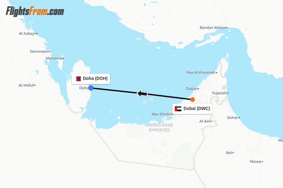 Flights from Dubai to Doha route map