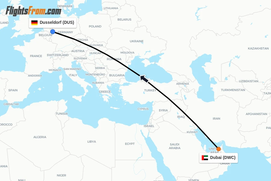 Flights from Dubai to Dusseldorf route map
