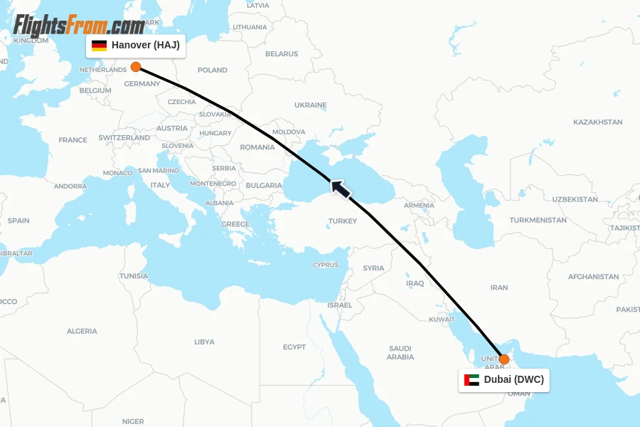 Flights from Dubai to Hanover route map