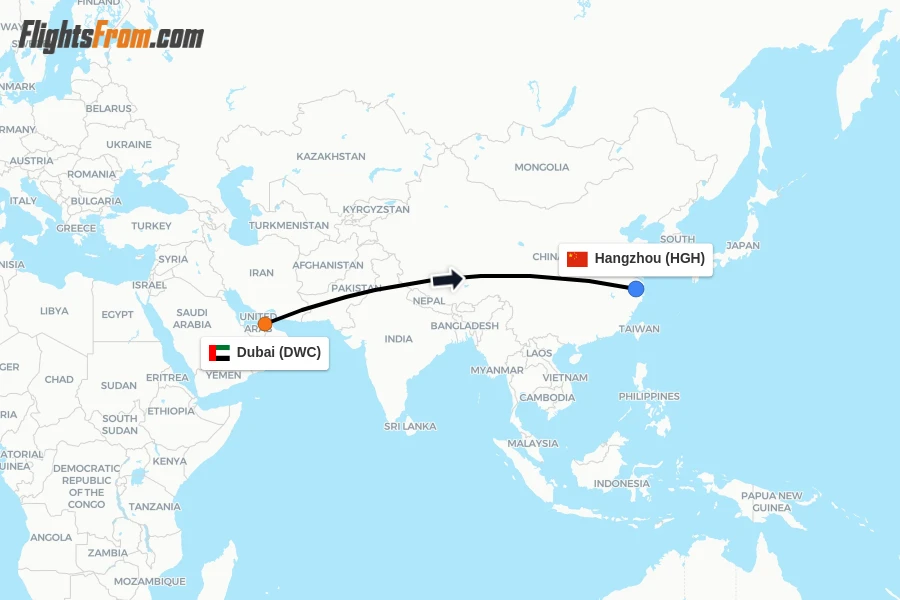 Flights from Dubai to Hangzhou route map