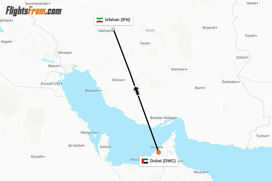 Flights from Dubai to Isfahan route map