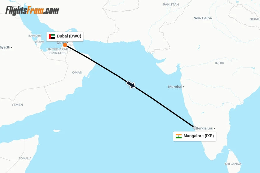 Flights from Dubai to Mangalore route map