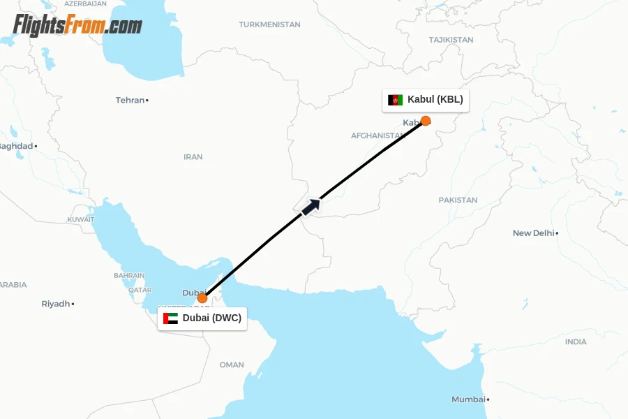 Flights from Dubai to Kabul route map