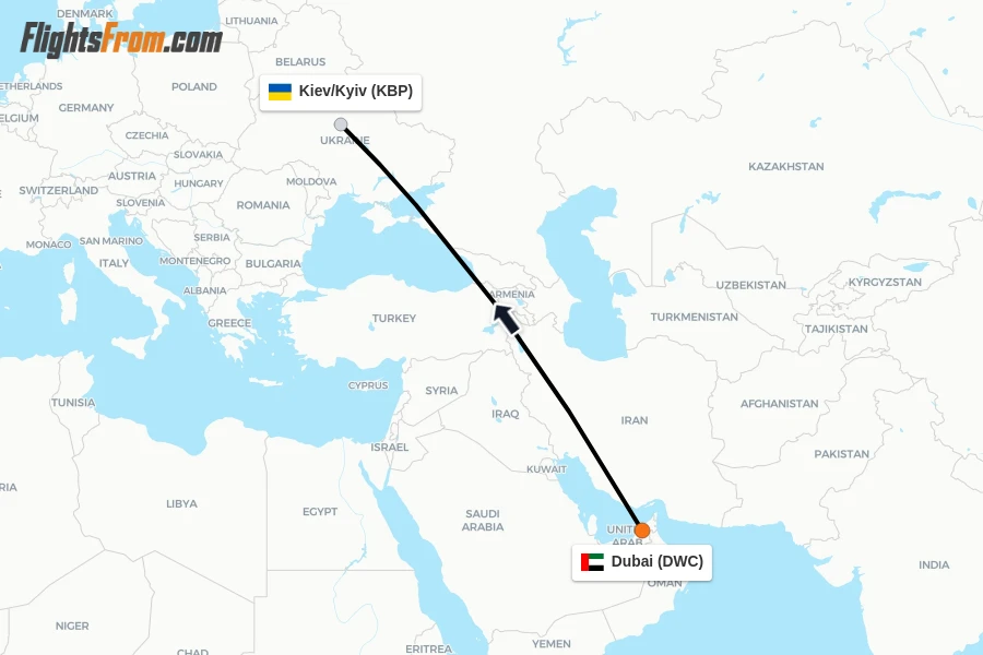 Flights from Dubai to Kiev/Kyiv route map