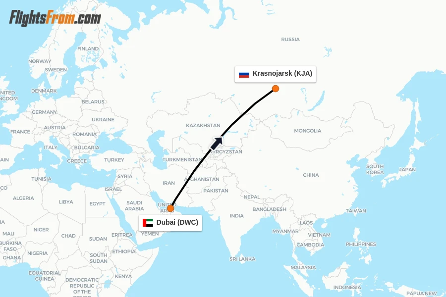 Flights from Dubai to Krasnojarsk route map