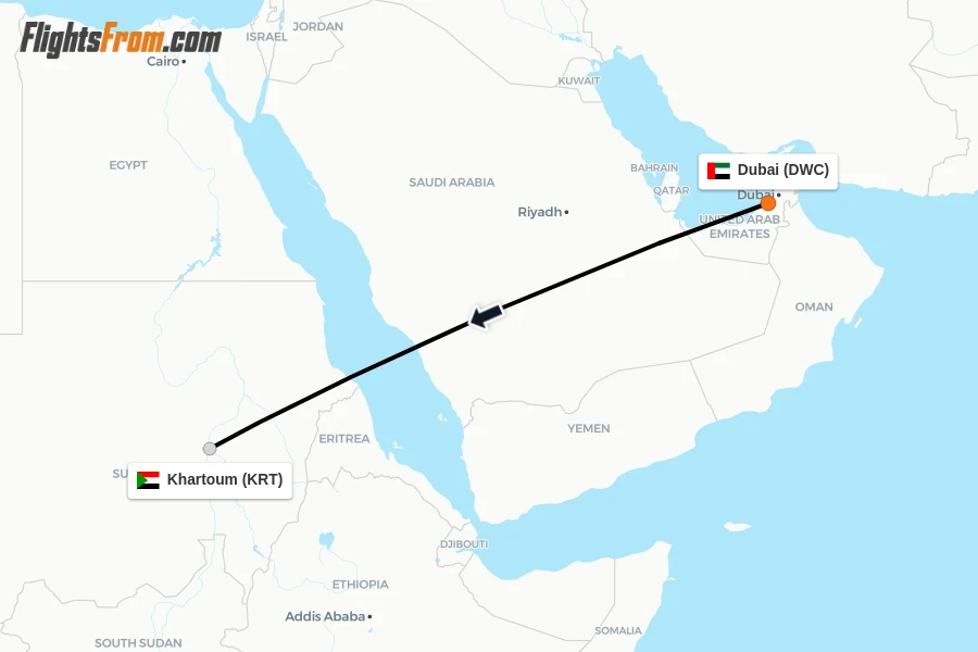 Flights from Dubai to Khartoum route map