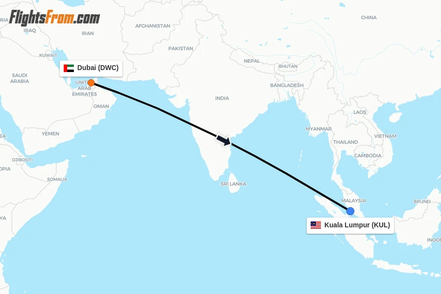 Flights from Dubai to Kuala Lumpur route map
