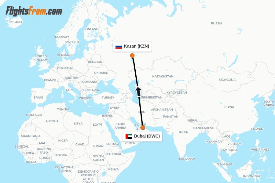 Flights from Dubai to Kazan route map