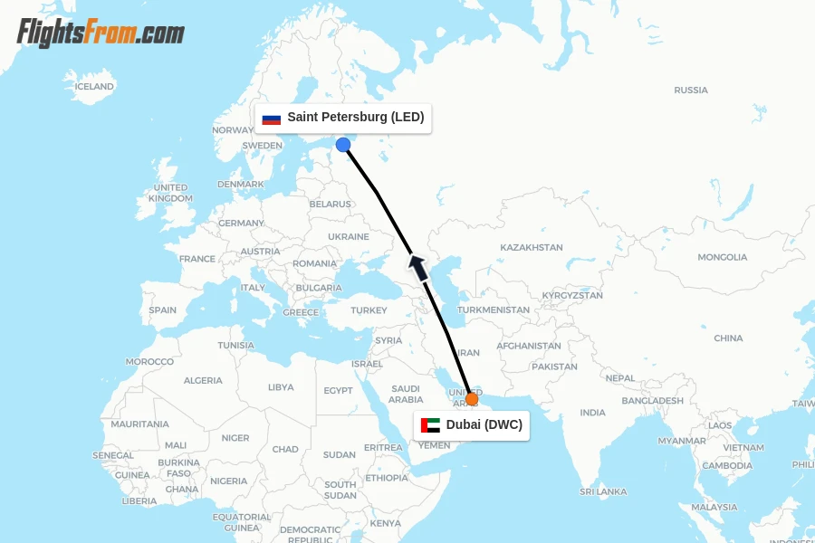 Flights from Dubai to Saint Petersburg route map