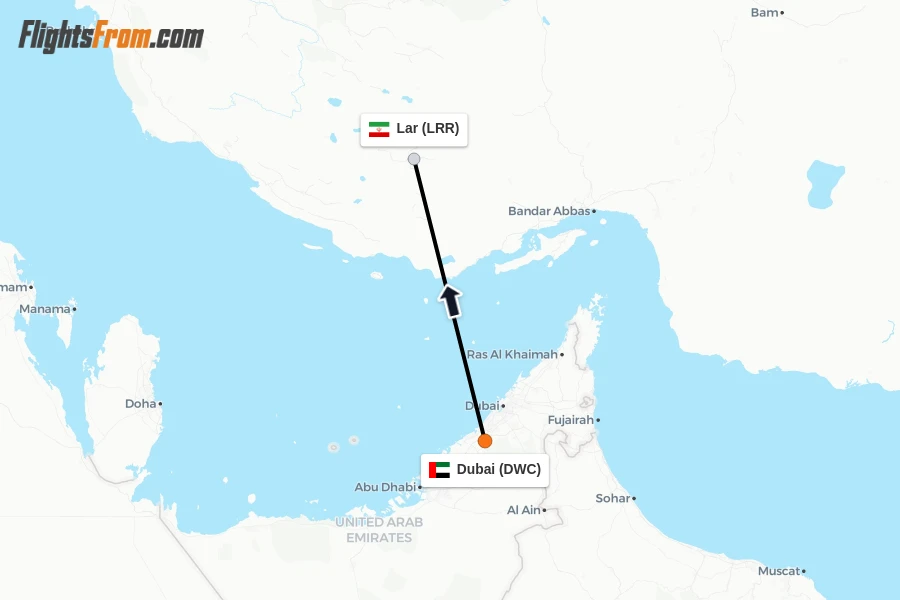 Flights from Dubai to Lar route map