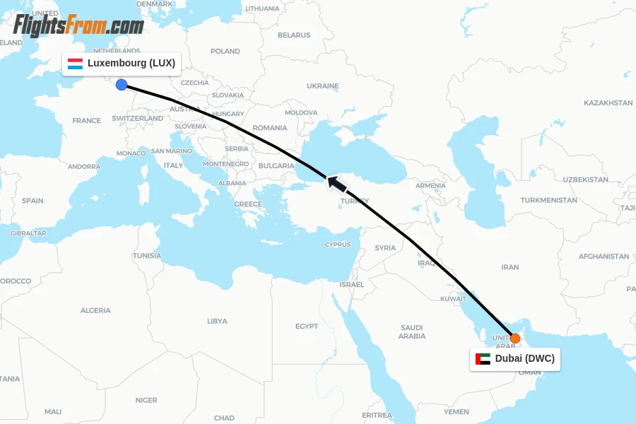 Flights from Dubai to Luxembourg route map
