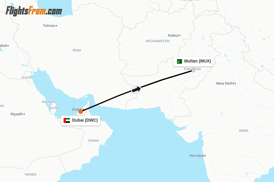 Flights from Dubai to Multan route map