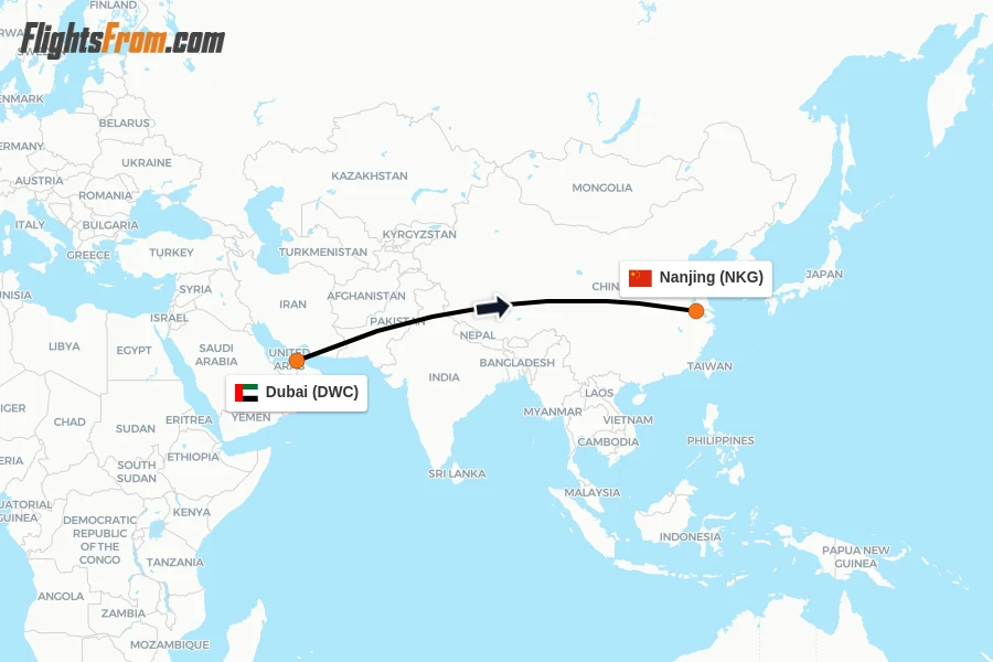 Flights from Dubai to Nanjing route map