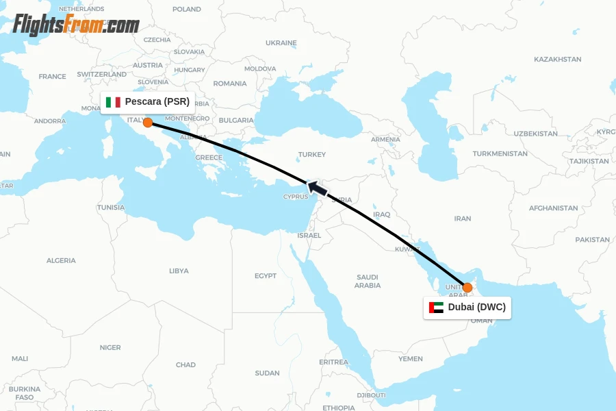 Flights from Dubai to Pescara route map