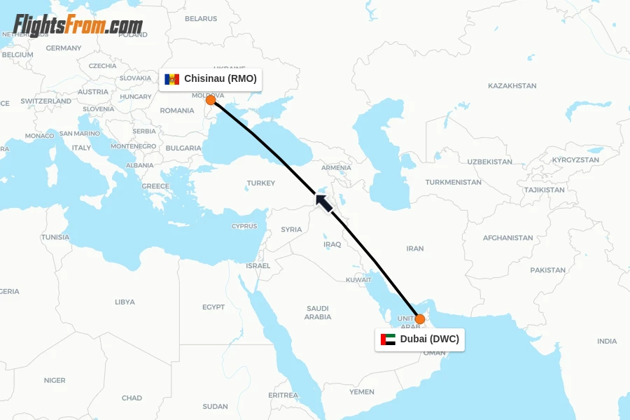 Flights from Dubai to Chisinau route map