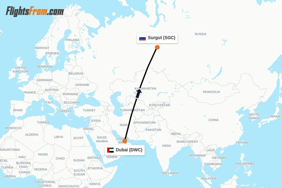 Flights from Dubai to Surgut route map