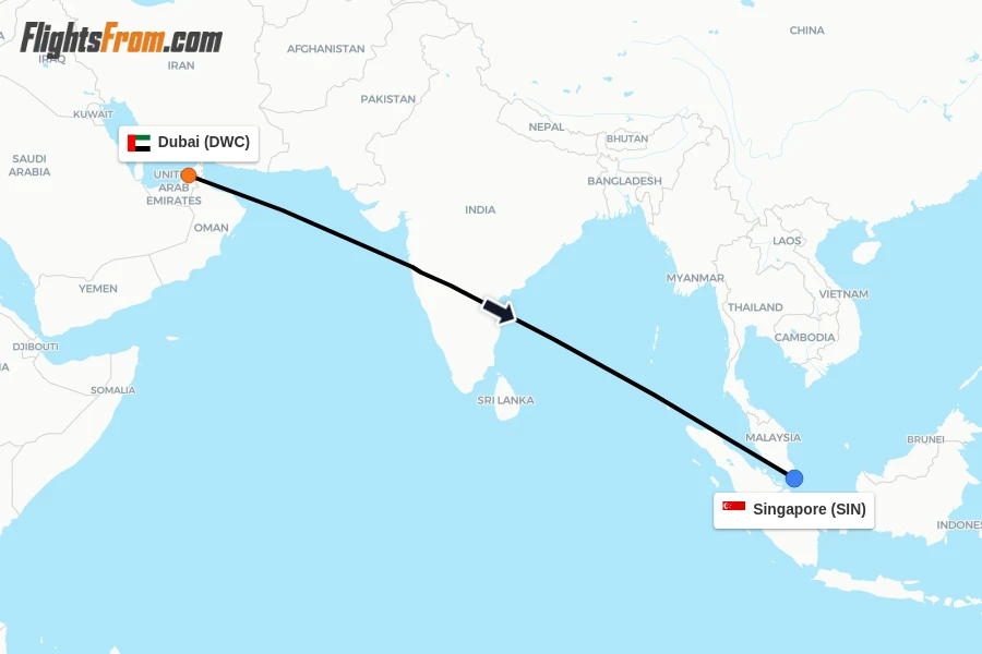 Flights from Dubai to Singapore route map