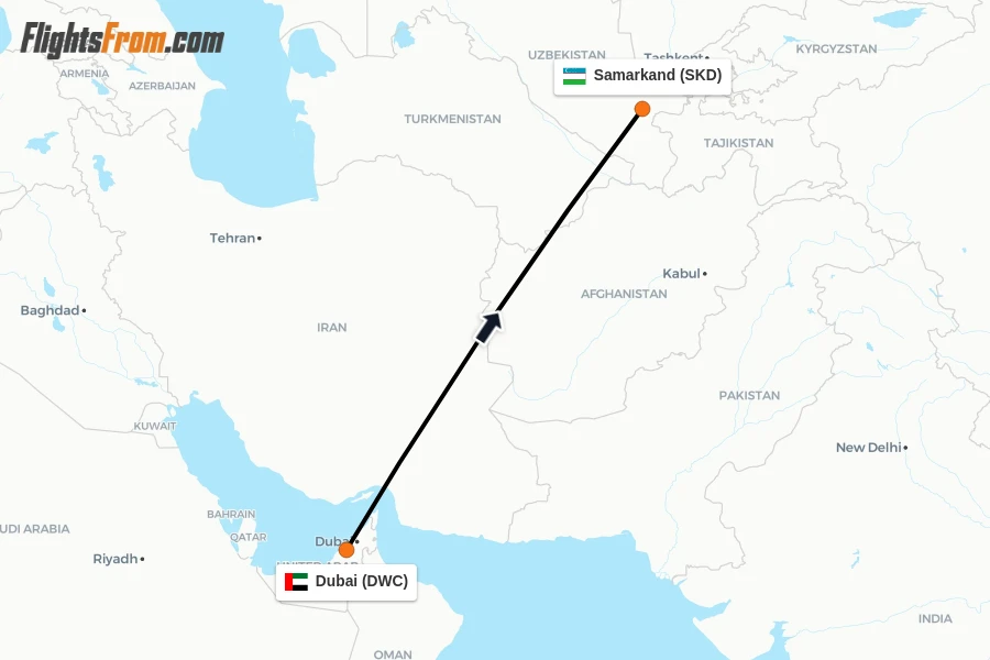 Flights from Dubai to Samarkand route map