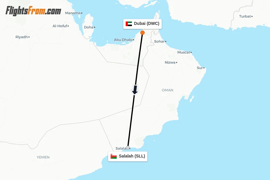 Flights from Dubai to Salalah route map