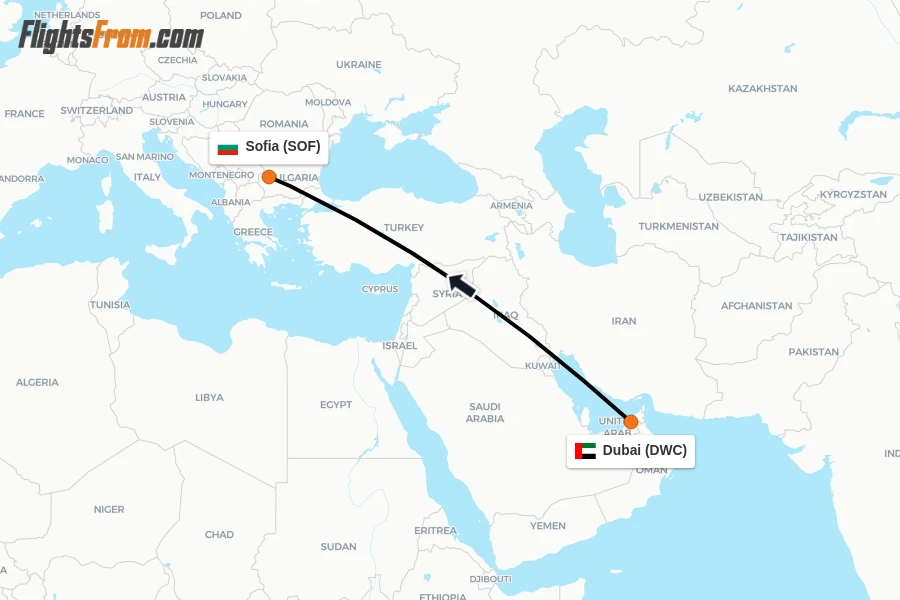 Flights from Dubai to Sofia route map