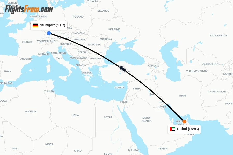 Flights from Dubai to Stuttgart route map