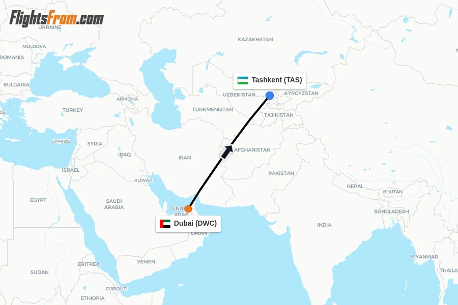 Flights from Dubai to Tashkent route map